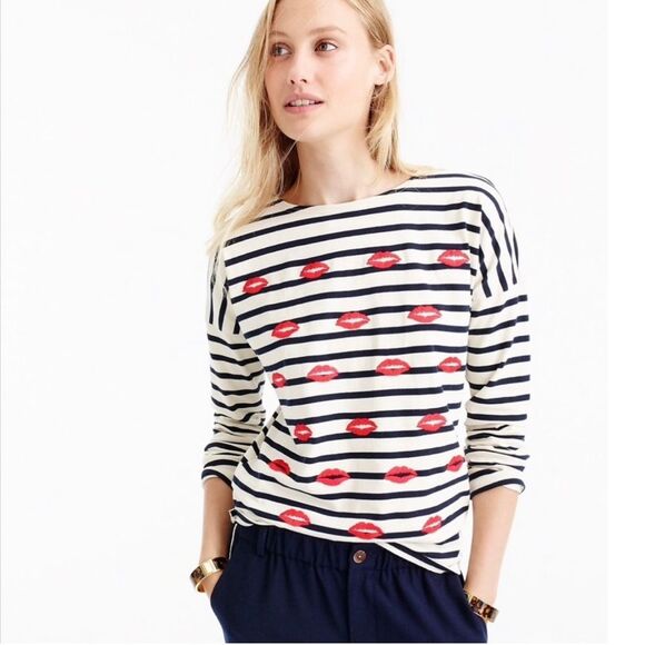J. Crew Embroidered Lips Striped Long Sleeve Top Size Small - Picture 1 of 13